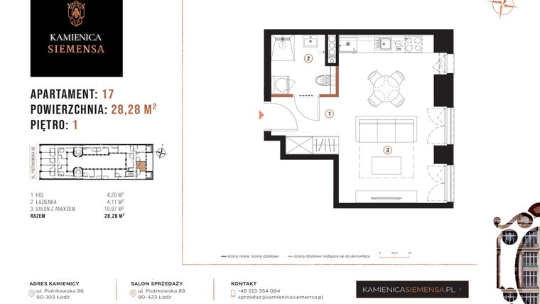 Rzut - Mieszkanie na sprzedaż 1 pokój o powierzchni 28,28 m² - numer 17 w Kamienica Siemensa