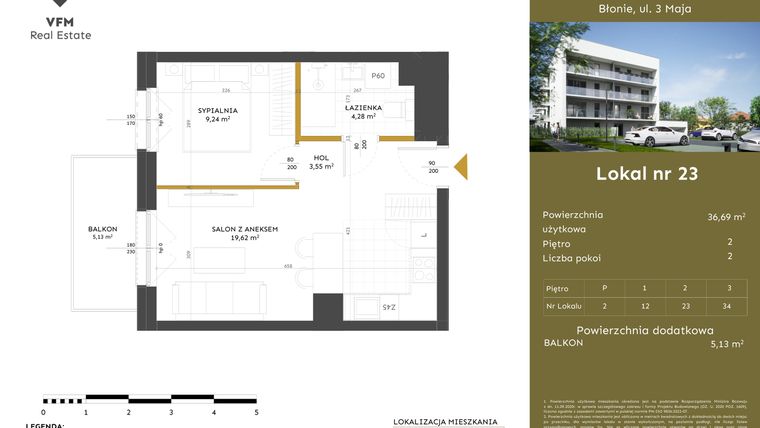 Rzut - Mieszkanie na sprzedaż 2 pokoje o powierzchni 36,69 m² - numer 23 w Apartamenty 3 Maja