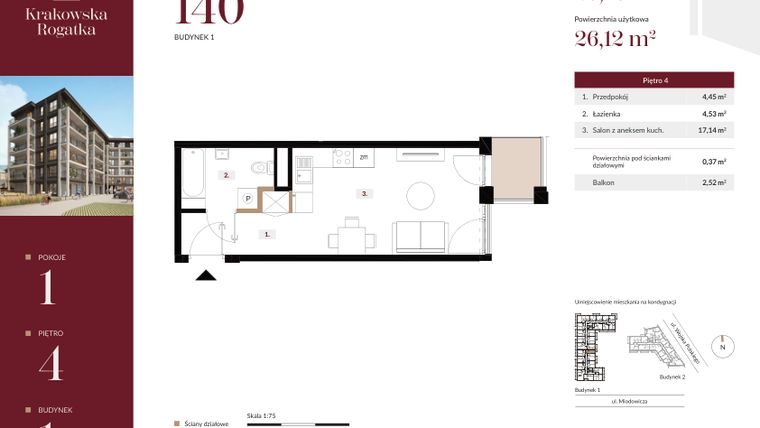 Rzut - Mieszkanie na sprzedaż 1 pokój o powierzchni 26,49 m² - numer 1.M140 w Krakowska Rogatka
