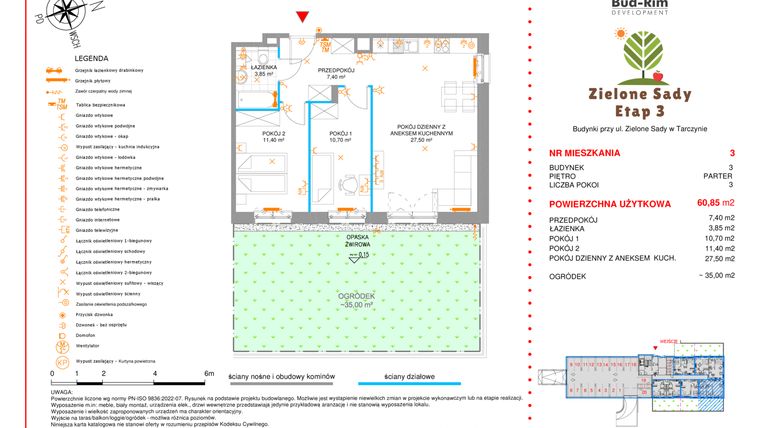 Rzut - Mieszkanie na sprzedaż 3 pokoje o powierzchni 60,85 m² - numer 3 w Zielone Sady etap III