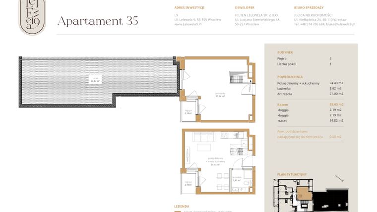 Rzut - Mieszkanie na sprzedaż 3 pokoje o powierzchni 55,05 m² - numer A35 w Lelewela 9
