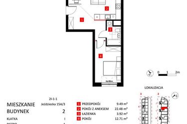 Rzut - Mieszkanie na sprzedaż 2 pokoje o powierzchni 48,6 m² - numer AJ_15A/3 w Apartamenty Jeździecka