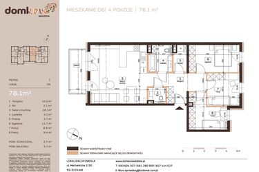 Rzut - Mieszkanie na sprzedaż 4 pokoje o powierzchni 78,1 m² - numer D6 w Domkove Widzew