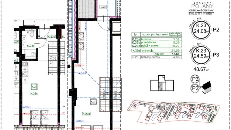 Rzut - Mieszkanie na sprzedaż 2 pokoje o powierzchni 48,67 m² - numer K.23 w Enklawa Polany etap II