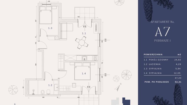 Rzut - Mieszkanie na sprzedaż 4 pokoje o powierzchni 48,46 m² - numer A7 w Rysulówka 70