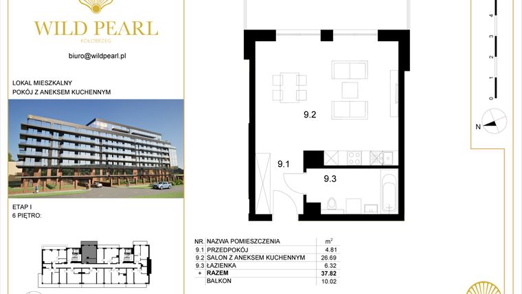 Rzut - Mieszkanie na sprzedaż 1 pokój o powierzchni 37,82 m² - numer 6.9 w Wild Pearl