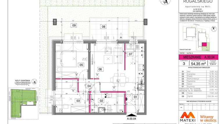 Rzut - Mieszkanie na sprzedaż 3 pokoje o powierzchni 54,35 m² - numer R-A.00.04 w Rogalskiego