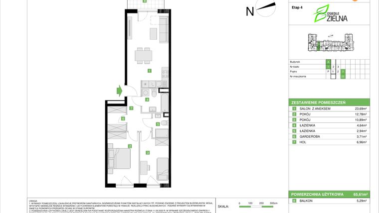 Rzut - Mieszkanie na sprzedaż 3 pokoje o powierzchni 65,61 m² - numer A.22 w Osiedle Zielna IV