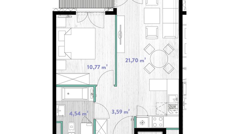 Rzut - Mieszkanie na sprzedaż 2 pokoje o powierzchni 40,74 m² - numer A.02.09 w Do Wilgi