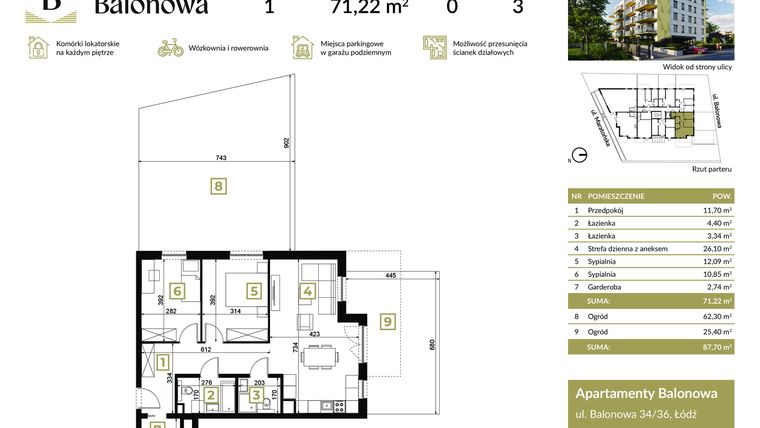 Rzut - Mieszkanie na sprzedaż 3 pokoje o powierzchni 71,22 m² - numer 1 w Apartamenty Balonowa