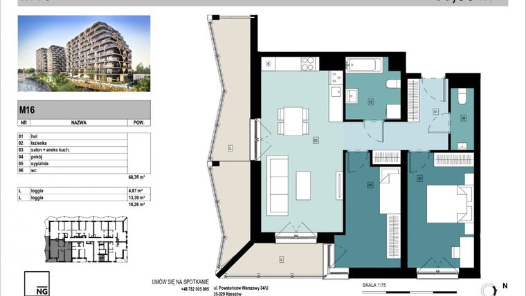 Rzut - Mieszkanie na sprzedaż 3 pokoje o powierzchni 68,36 m² - numer C16 w Panorama Kwiatkowskiego