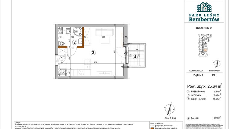 Rzut - Mieszkanie na sprzedaż 1 pokój o powierzchni 25,64 m² - numer J1-13 w Park Leśny Rembertów etap VIII