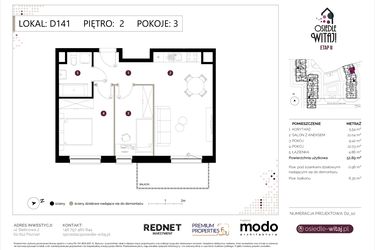 Rzut - Mieszkanie na sprzedaż 3 pokoje o powierzchni 53,85 m² - numer D141 w Osiedle Witaj etap II