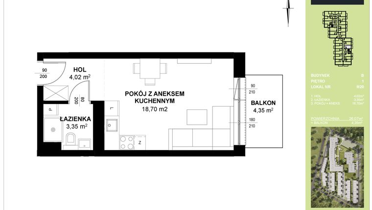 Rzut - Mieszkanie na sprzedaż 1 pokój o powierzchni 26,07 m² - numer B_M20 w Triton Kampinos III