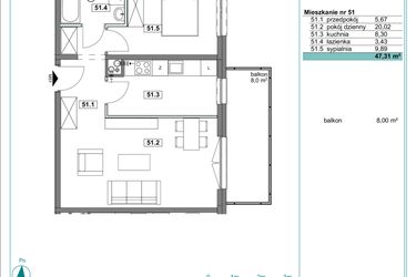 Rzut - Mieszkanie na sprzedaż 2 pokoje o powierzchni 47,37 m² - numer D.51 w Osiedle Kościuszki etap II
