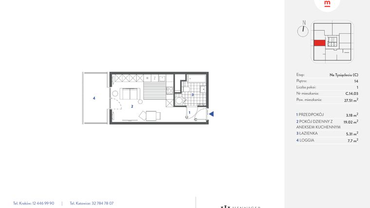 Rzut - Mieszkanie na sprzedaż 1 pokój o powierzchni 27,51 m² - numer C.14.03 w Mieszkaj w mieście - Na Tysiącleciu budynek C