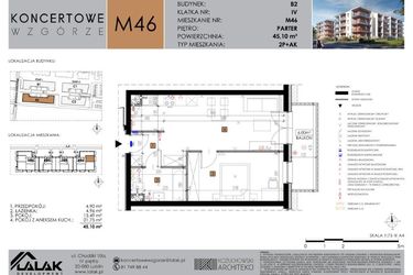 Rzut - Mieszkanie na sprzedaż 2 pokoje o powierzchni 45,1 m² - numer B2.46 w Koncertowe Wzgórze