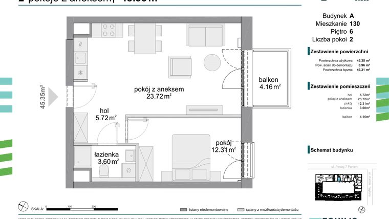 Rzut - Mieszkanie na sprzedaż 2 pokoje o powierzchni 45,35 m² - numer 130 w Osiedle Fokus Ursus