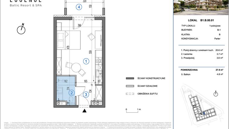 Rzut - Mieszkanie na sprzedaż 1 pokój o powierzchni 27,9 m² - numer B1.B.00.01 w ESSENSE Baltic Resort&SPA 2 - apartamenty inwestycyjne