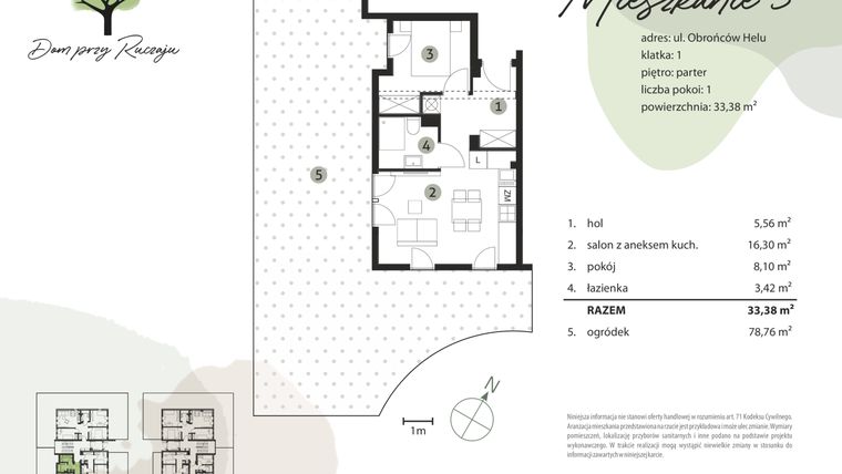 Rzut - Mieszkanie na sprzedaż 2 pokoje o powierzchni 33,37 m² - numer 3 w Dom przy Ruczaju