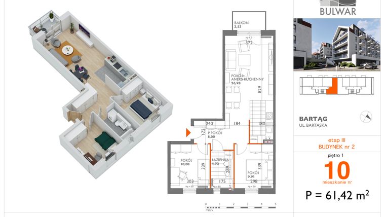 Rzut - Mieszkanie na sprzedaż 3 pokoje o powierzchni 61,42 m² - numer 10 w Bulwar bud. 2
