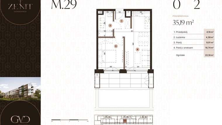 Rzut - Mieszkanie na sprzedaż 2 pokoje o powierzchni 35,19 m² - numer M29 w Zenit Głowackiego