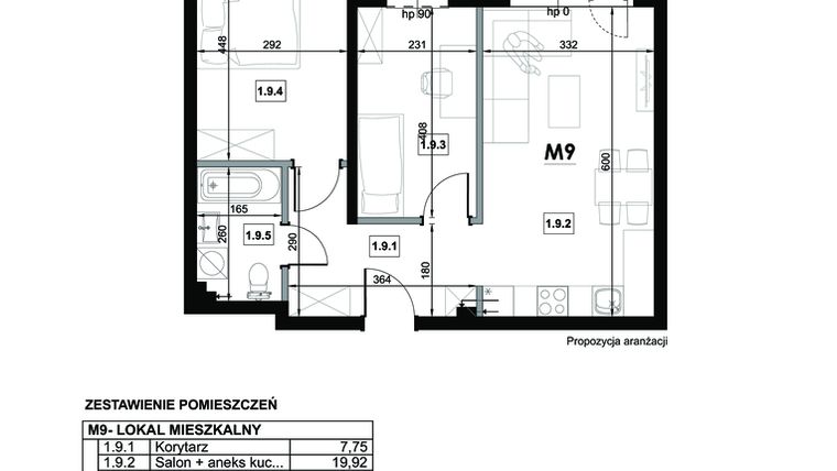 Rzut - Mieszkanie na sprzedaż 3 pokoje o powierzchni 54,36 m² - numer M9 w Miejska Premium II