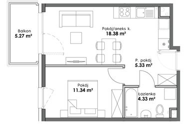 Rzut - Mieszkanie na sprzedaż 2 pokoje o powierzchni 39,38 m² - numer C1-28 w Slow City