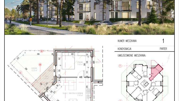 Rzut - Mieszkanie na sprzedaż 2 pokoje o powierzchni 37,23 m² - numer 1 w Grasera 12