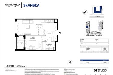 Rzut - Mieszkanie na sprzedaż 2 pokoje o powierzchni 40,64 m² - numer 1BA0304 w Awangarda Mogilska