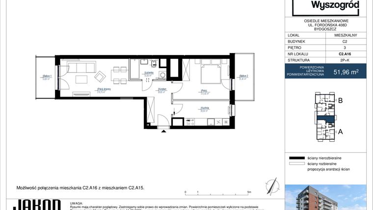Rzut - Mieszkanie na sprzedaż 2 pokoje o powierzchni 51,96 m² - numer C2.A16 w Nowy Wyszogród etap II