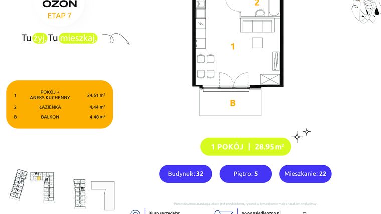 Rzut - Mieszkanie na sprzedaż 1 pokój o powierzchni 28,95 m² - numer 32.22 w Osiedle Ozon etap VII