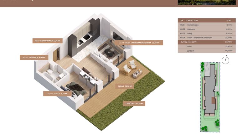 Rzut - Mieszkanie na sprzedaż 2 pokoje o powierzchni 37,98 m² - numer 3 w Apartamenty Częstochowska