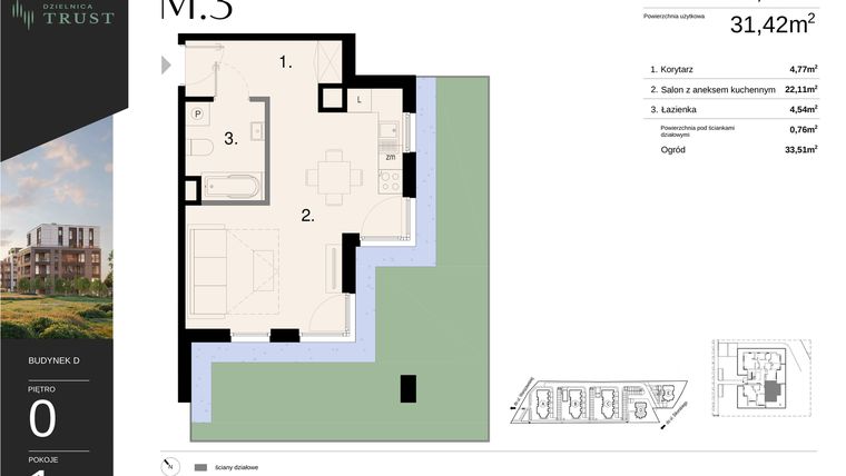 Rzut - Mieszkanie na sprzedaż 1 pokój o powierzchni 32,18 m² - numer D - M.3 w Dzielnica Trust - etap I