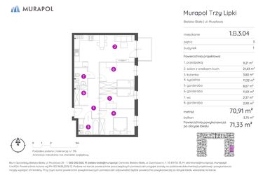 Rzut - Mieszkanie na sprzedaż 2 pokoje o powierzchni 71,33 m² - numer 1.B.3.04 w Murapol Trzy Lipki
