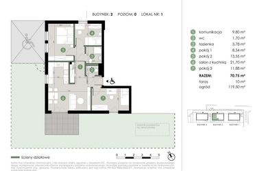 Rzut - Mieszkanie na sprzedaż 4 pokoje o powierzchni 70,75 m² - numer 2.1. w Osiedle Kwiatowa