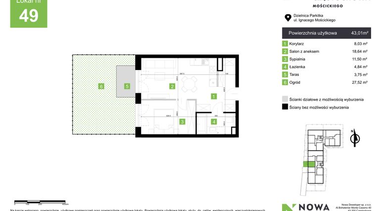 Rzut - Mieszkanie na sprzedaż 2 pokoje o powierzchni 43,01 m² - numer M49 w Nowa Częstochowa Mościckiego