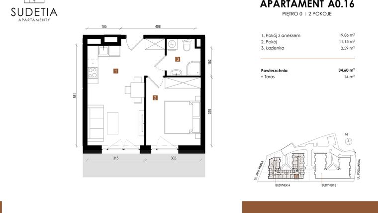 Rzut - Mieszkanie na sprzedaż 2 pokoje o powierzchni 34,6 m² - numer A 0.16 w Apartamenty Sudetia