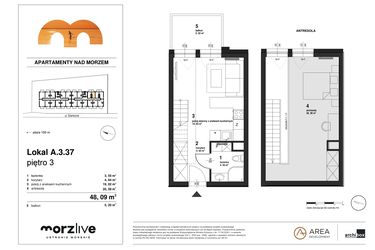 Rzut - Mieszkanie na sprzedaż 1 pokój o powierzchni 48,09 m² - numer A.3.37 w Morzlive
