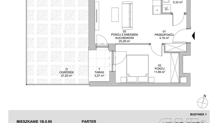 Rzut - Mieszkanie na sprzedaż 2 pokoje o powierzchni 46,65 m² - numer 1B.0.89 w Francuska Park VIIIB