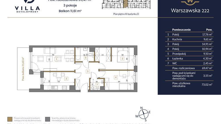 Rzut - Mieszkanie na sprzedaż 3 pokoje o powierzchni 69,47 m² - numer 26 w Warszawska 222 bud. D