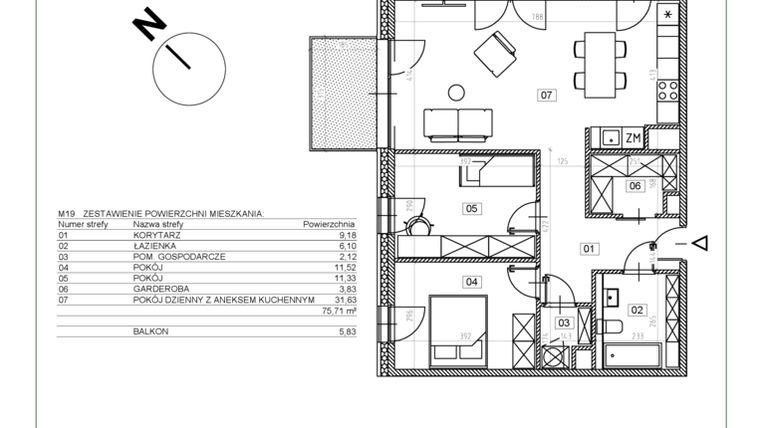 Rzut - Mieszkanie na sprzedaż 3 pokoje o powierzchni 75,85 m² - numer I.M19 w Osiedle Glivia Zachodnia