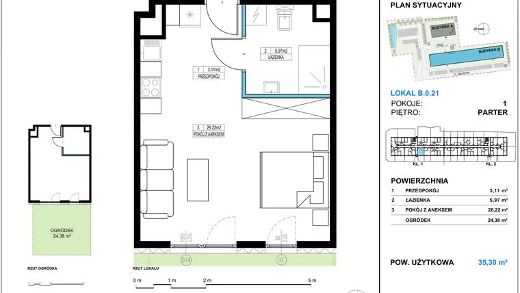 Rzut - Mieszkanie na sprzedaż 1 pokój o powierzchni 35,3 m² - numer B.0.21 w Jabłonova