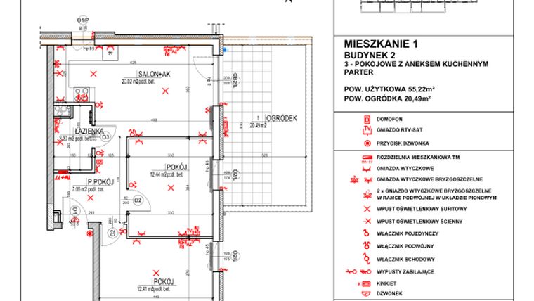Rzut - Mieszkanie na sprzedaż 3 pokoje o powierzchni 55,22 m² - numer 2.1 w Osiedle 4 Pory Roku - Etap VII