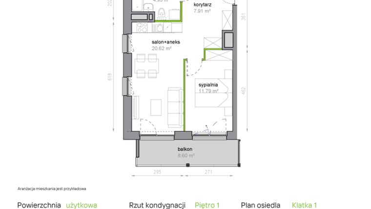 Rzut - Mieszkanie na sprzedaż 2 pokoje o powierzchni 45,27 m² - numer K1/1/04 w Piękna Vita