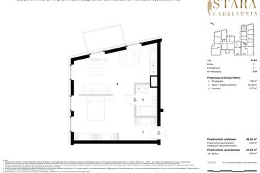 Rzut - Mieszkanie na sprzedaż 1 pokój o powierzchni 47,2 m² - numer 2.10 w Stara Farbiarnia
