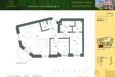 Rzut - Mieszkanie na sprzedaż 3 pokoje o powierzchni 59,22 m² - numer 3.1 w Działyńskich 6