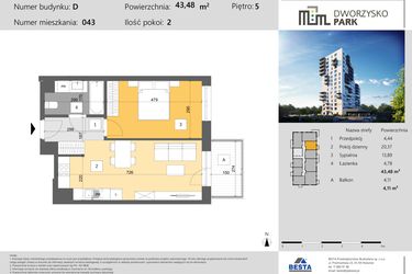 Rzut - Mieszkanie na sprzedaż 2 pokoje o powierzchni 43,48 m² - numer 43 w Dworzysko Park - Etap III