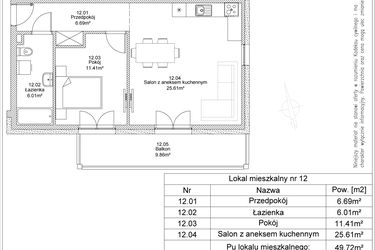 Rzut - Mieszkanie na sprzedaż 2 pokoje o powierzchni 49,72 m² - numer 12 w Apartamenty Jasińskiego