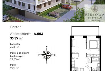 Rzut - Mieszkanie na sprzedaż 2 pokoje o powierzchni 35,55 m² - numer A.003 w Perłowa Przystań - Kołobrzeg - etap II
